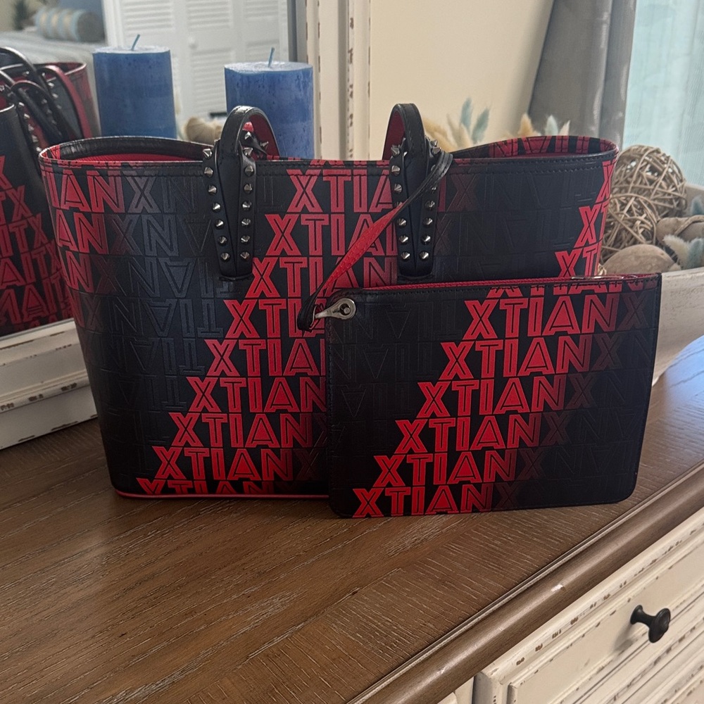 Christian Louboutin Style Monogram Tote with Pouch - Black & Red